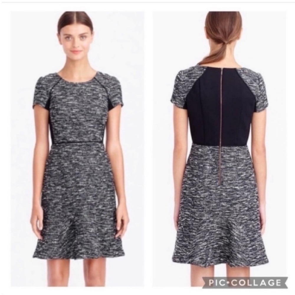J. Crew black label dress gray black boucle tweed mixed media fit and flare